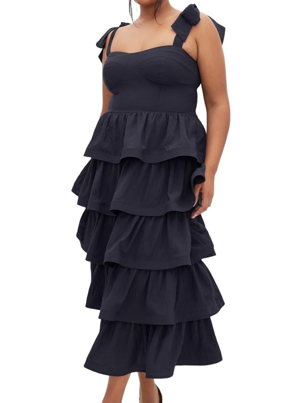 City Chic Tiered Ruffle Navy Midi Dress with Tie Straps